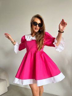 Асимметричное двухцветное платье oversize в стиле baby doll с белым воротничком, объемные рукава 3/4 на резинке со сборкой, Малина, 42/44 ASP_469 фото