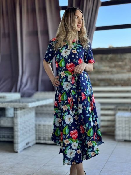 Свободное расклешенное платье миди из принтованного софта, короткие рукава, по низу рюши, пояс, Синий IMM_476 фото