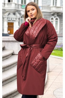 Двостороннє тепле пальто з плащової тканини на синтепоні, відкладний комір, накладні кишені, пояс Бордовий, 44 LB_2021 фото