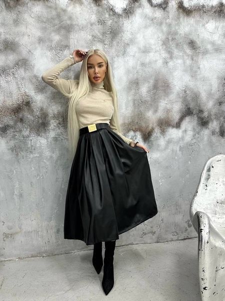 Чорна спідниця міді з екошкіри на флісі зі складками, пояс ззаду на блискавці та гумці, на поясі є шлевки, пояс у комплект не входить ZZ_3324 фото