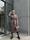 Стеганое пальто куртка пуховик миди из плащевки на листовом синтепухе 250, до минус 20, пояс, капюшон воротник, на молнии, Шоколад VASIL_М482 фото