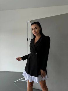 Свободное черное платье пиджак на пуговицах из костюмки, по низу белый волан из софта, 42/44 INNA_535 фото