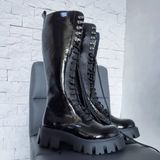 Демісезонні чоботи МІЛІТАРІ з натуральної шкіри на байці, висота до тракторної товстої підошви 37 см, на шнурівці та блискавці, Чорний лак ВМ_MIL37 фото