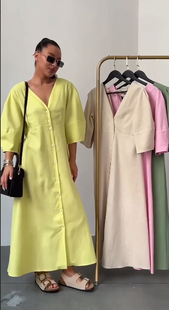 Льняное однотонное платье макси oversize на пуговицах, прямые широкие рукава до локтя, V-образный вырез спереди и сзади, боковые карманы, Лимон, 42/44 АЕ_261 фото
