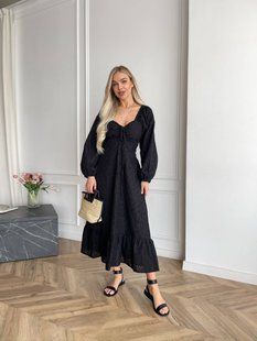Платье макси из хлопка, спереди на лифе затяжка, длина 125 см, длинные рукава на резинке, широкий волан по низу, Черный SOF_3021 фото