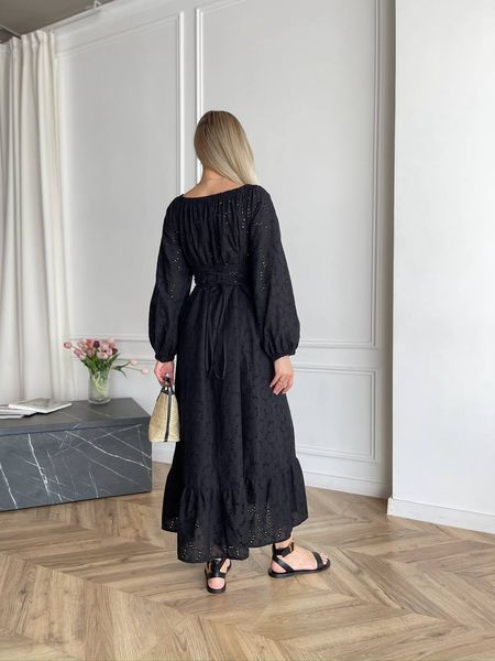 Платье макси из хлопка, спереди на лифе затяжка, длина 125 см, длинные рукава на резинке, широкий волан по низу, Черный SOF_3021 фото