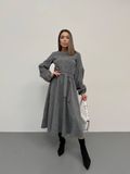 Стильное платье миди А силуэта из вельвета, объемные длинные рукава, пояс, круглая горловина, Серый, 42/44 IMM_273 фото