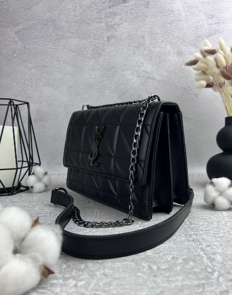 Чорна стьобана матова сумка Saint Laurent (YSL black nickel square), темна фурнітура  RBD_20247 фото