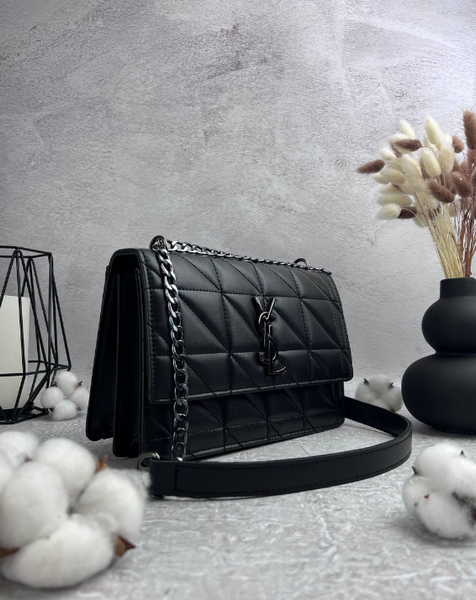 Чорна стьобана матова сумка Saint Laurent (YSL black nickel square), темна фурнітура  RBD_20247 фото